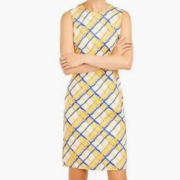 J. McLaughlin Yellow Navy Pink Geometric Plaid Midi Sheath Sleeveless Dress - Picture 1 of 16